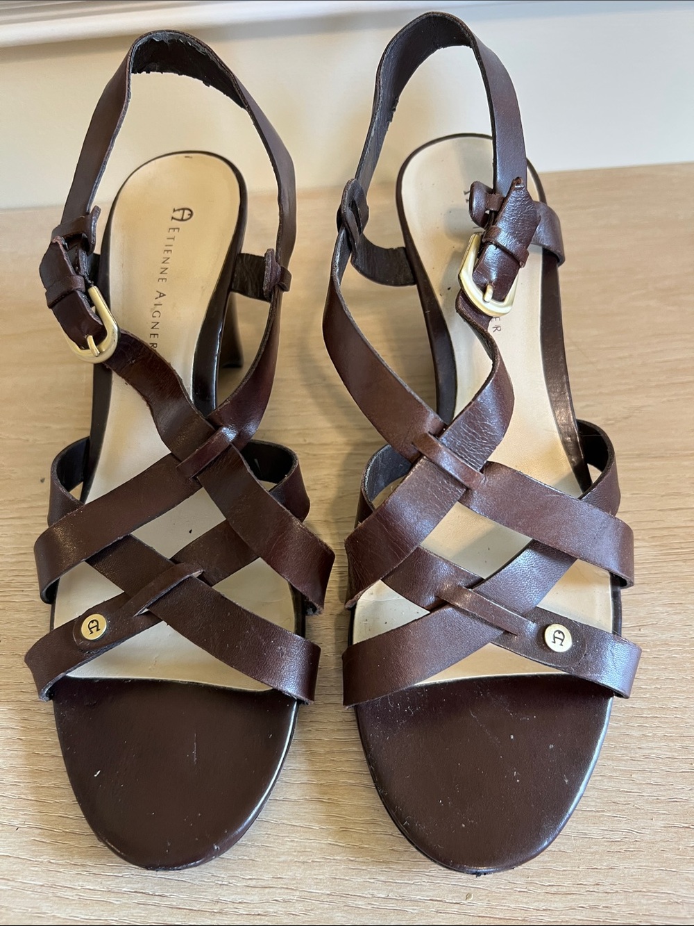 Etienne Aigner Dark Brown Leather Crisscross Slingback Wedge Sandals